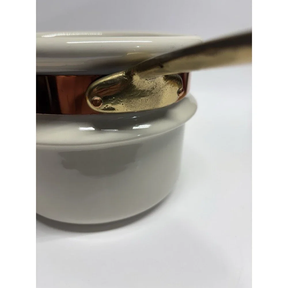 Vintage Metalitol Portugal Ceramic Saucepan Copper Band Brass Handle MCM Pot